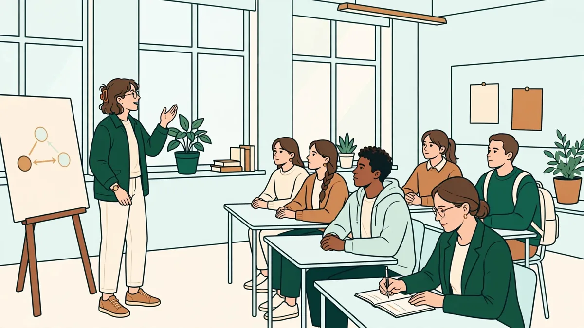 Étudiante présentant un exposé devant une petite classe attentive, un enseignant prenant des notes au premier rang