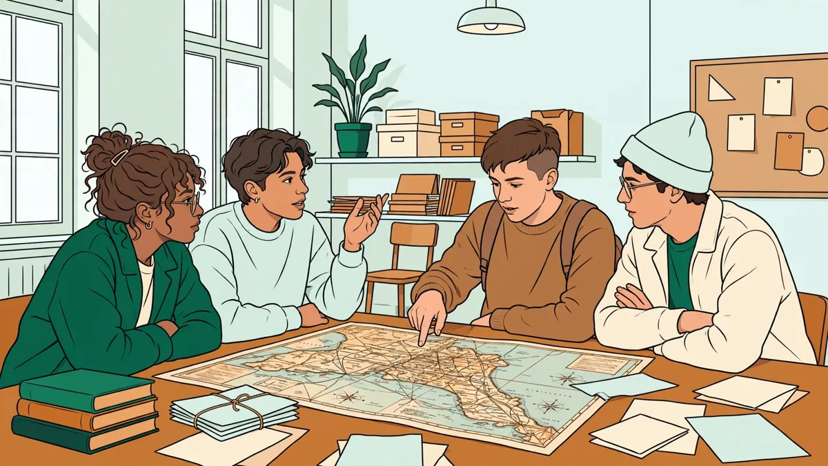 Petit groupe d'étudiants autour d'une table couverte de romans et de documents d'archives, en train de débattre en cours