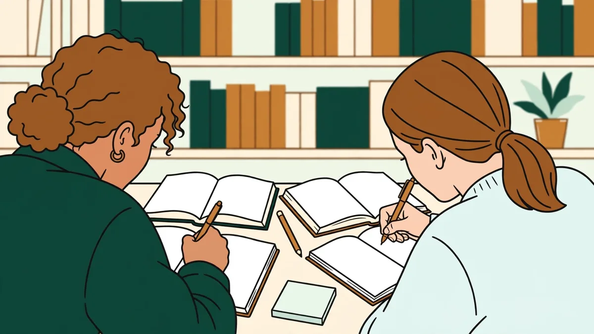 Deux etudiantes qui travaillent cote a cote en bibliotheque universitaire, livres ouverts et carnets, l'une surligne une page.