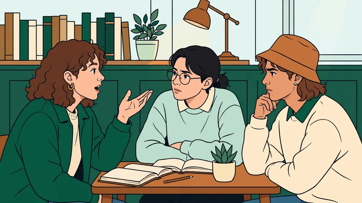 Trois etudiants qui debattent autour d'une table avec des livres espagnols ouverts, l'une gesticule pour defendre son interpretation.