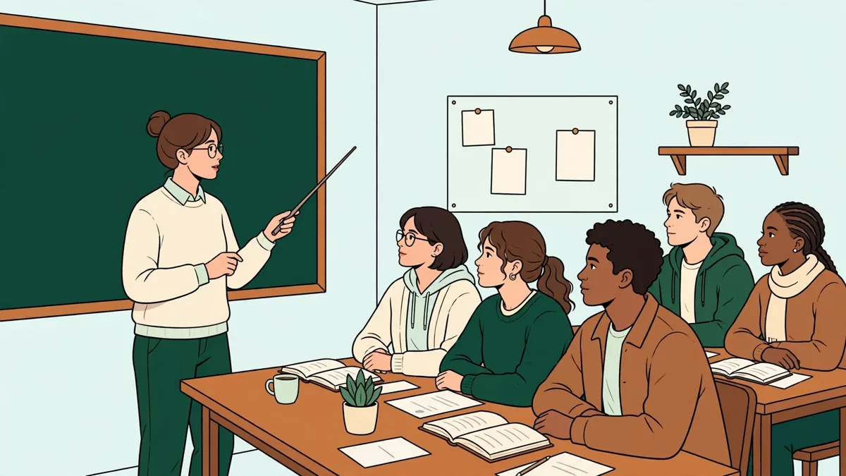 Illustration dessinée : en petite salle de TD, une étudiante debout expose son plan au tableau devant cinq camarades, feuilles et livres ouverts sur les tables.