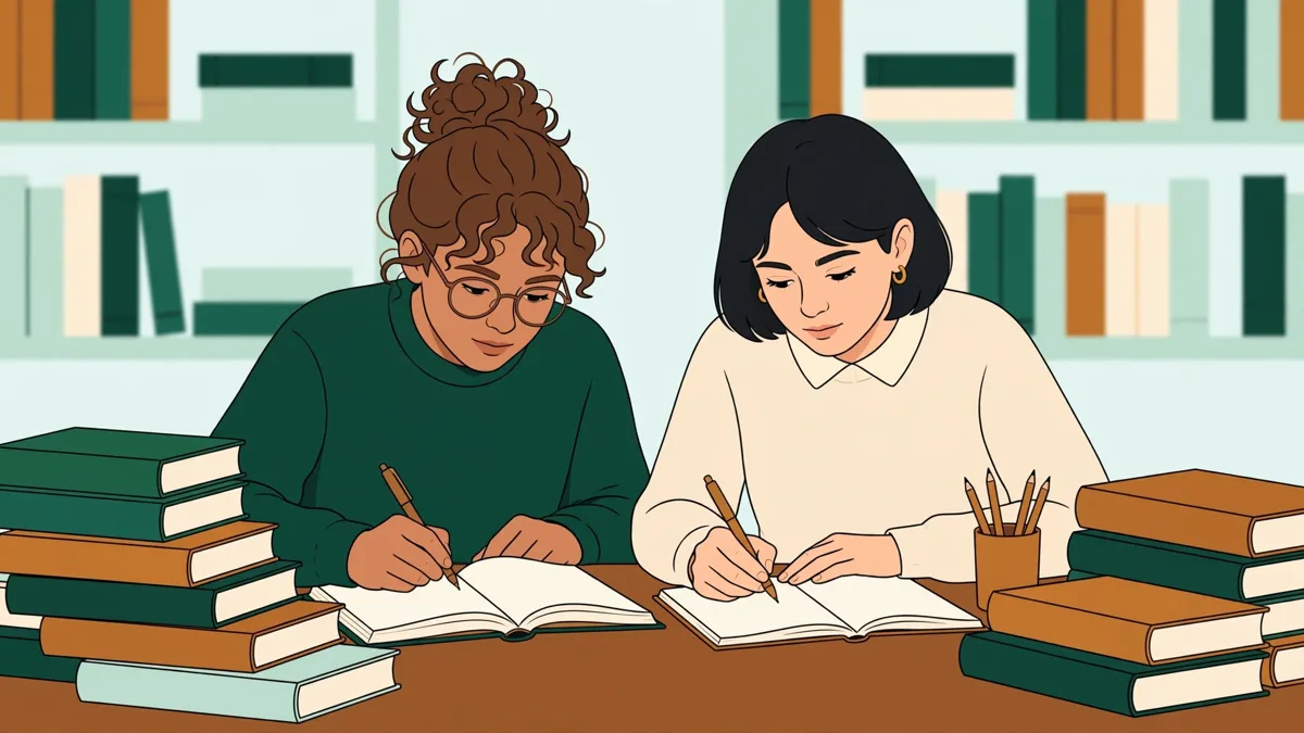 Illustration dessinée : deux étudiants côte à côte à une table de bibliothèque, l'un annote un roman ouvert, l'autre prend des notes devant un essai de philosophie, piles de livres autour d'eux.