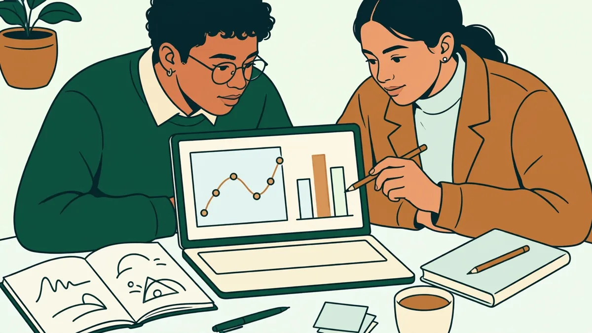 Deux étudiants qui analysent ensemble un graphique sur un ordinateur portable, avec cahiers d'équations et fiches à côté