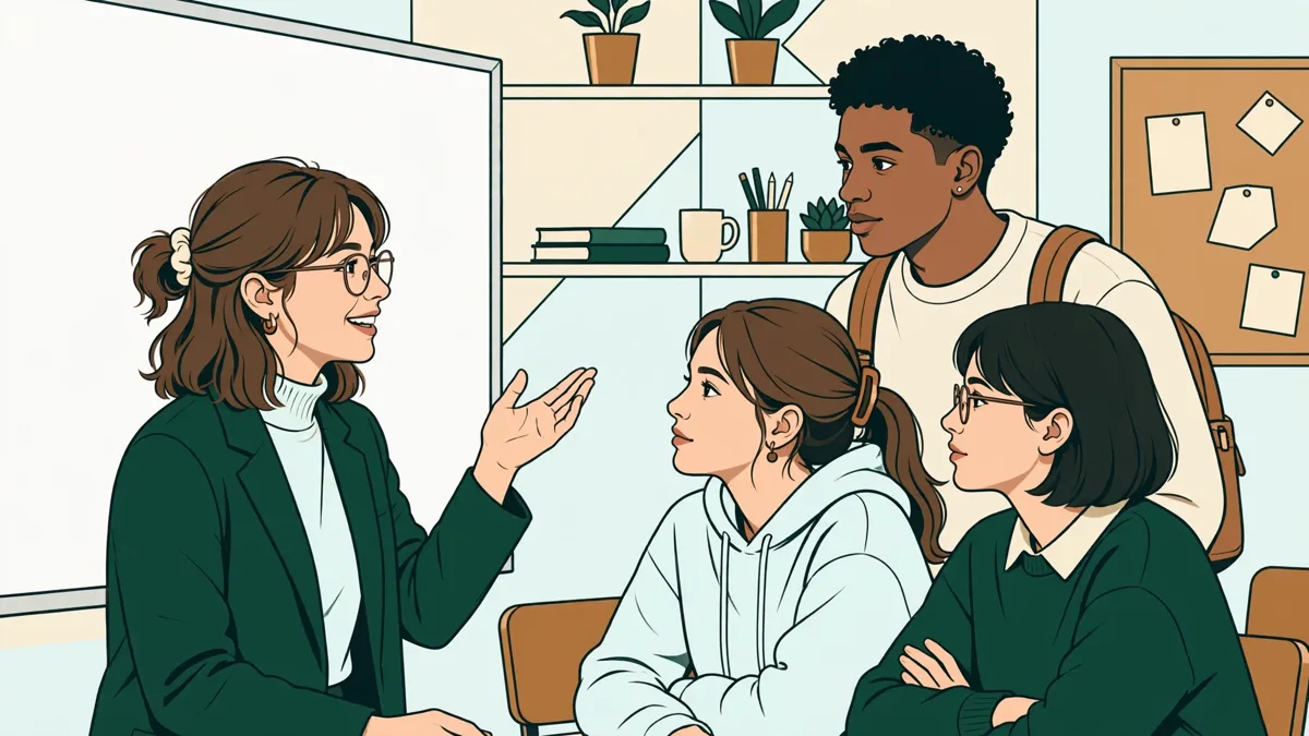 Petit groupe d'étudiants autour d'un tableau blanc avec une enseignante qui explique un raisonnement