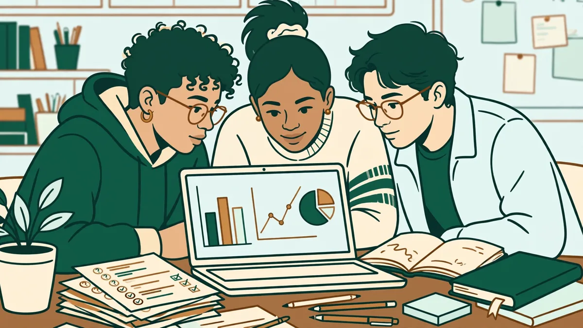 Trois étudiants autour d'une table qui codent des résultats d'enquête sur un ordinateur portable, questionnaires et graphiques dessinés à côté.
