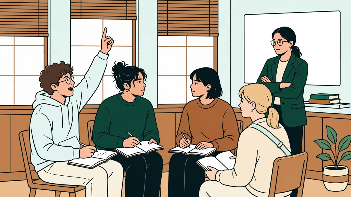 Petit groupe d'étudiants en cercle qui débattent, une animatrice au tableau avec quelques mots-clés, carnets ouverts sur les genoux.