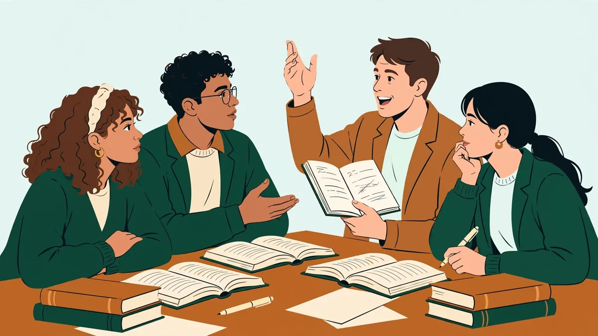 Quatre étudiants autour d’une table qui débattent d’un cas, codes ouverts, l’une prend la parole carnet en main