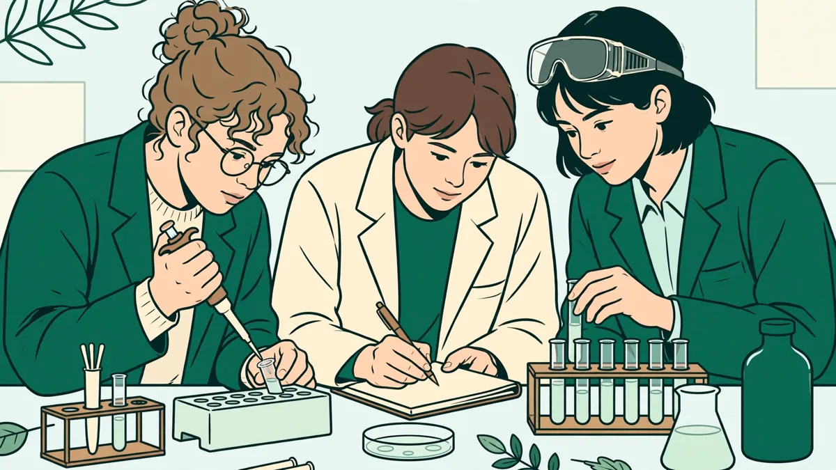 Trois étudiants en blouse autour d’une paillasse, l’un pipette un liquide coloré, l’autre note les résultats, microscope et tubes à côté