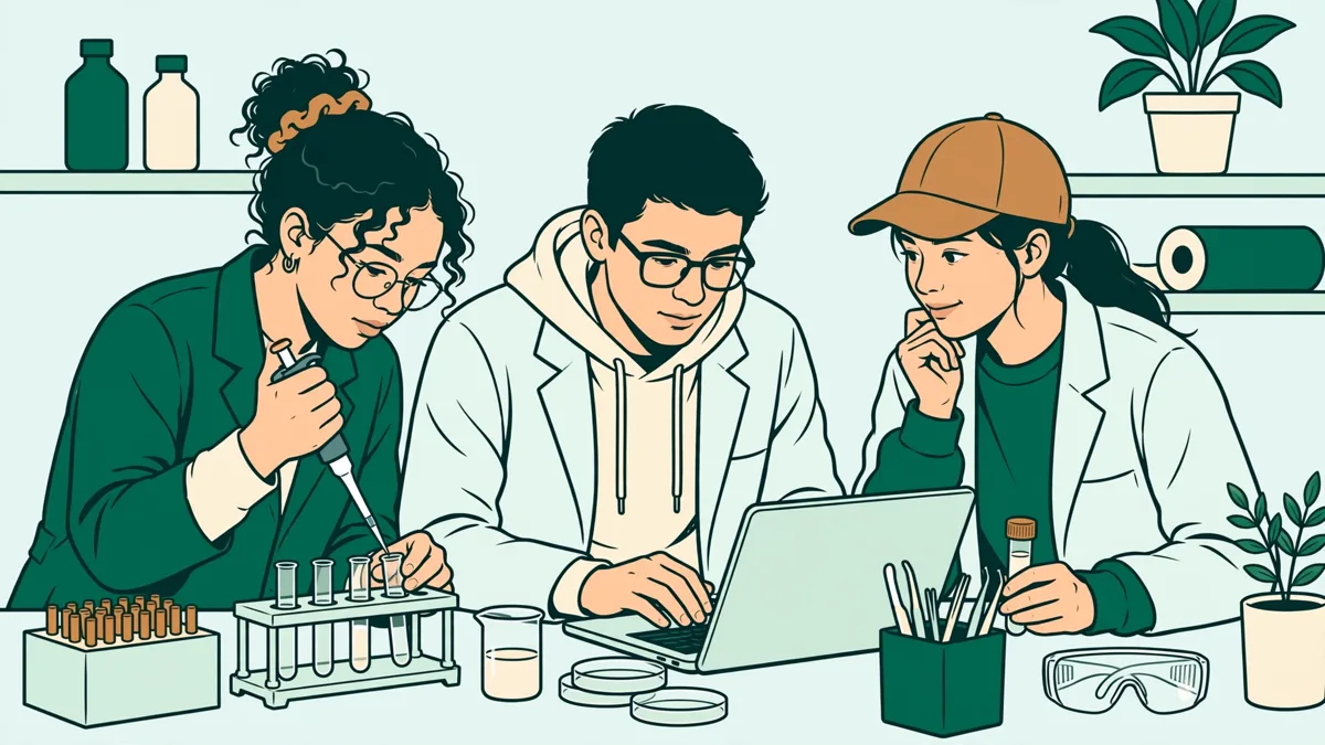 Trois étudiants autour d'une paillasse de biologie, l'un pipette pendant qu'un autre entre les mesures dans un ordinateur portable pour les analyser.