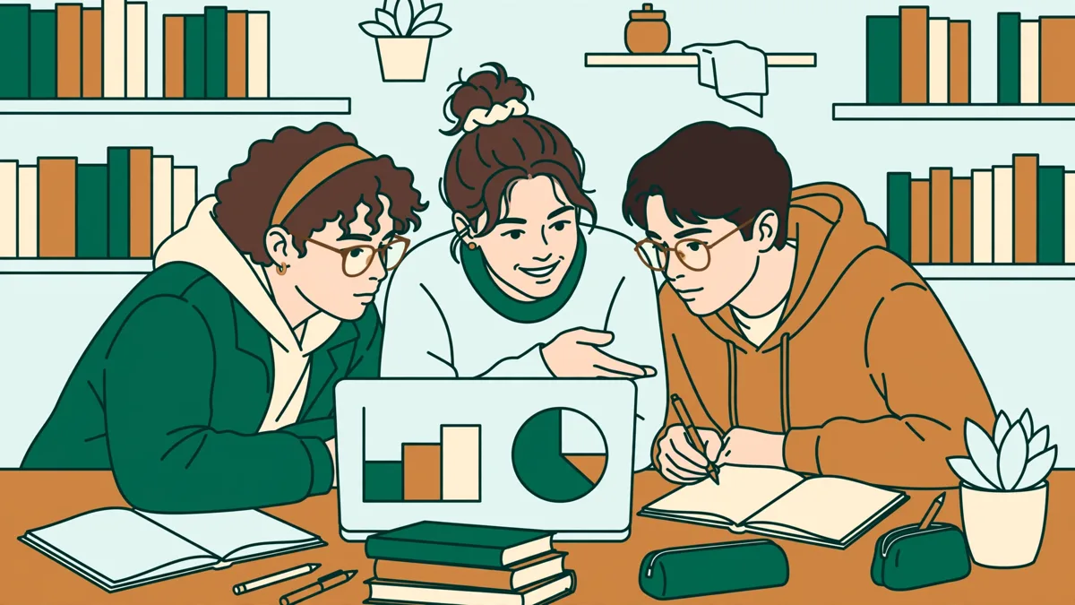 Trois étudiants autour d'une table de bibliothèque, un ordinateur ouvert sur un graphique, des notes et des livres.