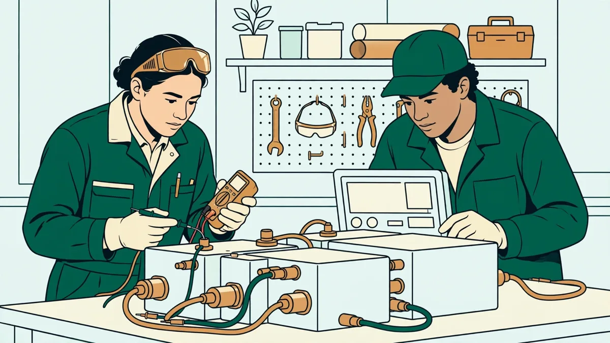 Deux apprentis en tenue de travail testent des modules de batteries électriques sur un établi, l'un avec un multimètre, l'autre devant un écran de contrôle