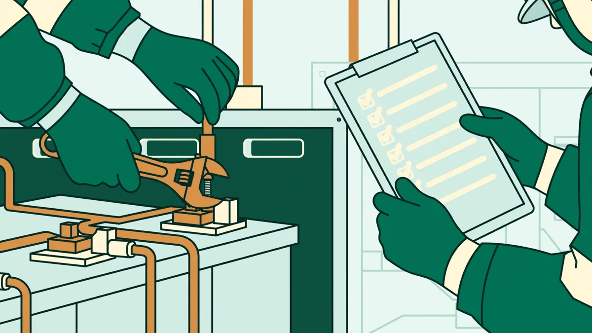 Deux apprentis en équipements de sécurité entretiennent une armoire de batteries industrielle, l'un resserre une connexion, l'autre tient une fiche de contrôle