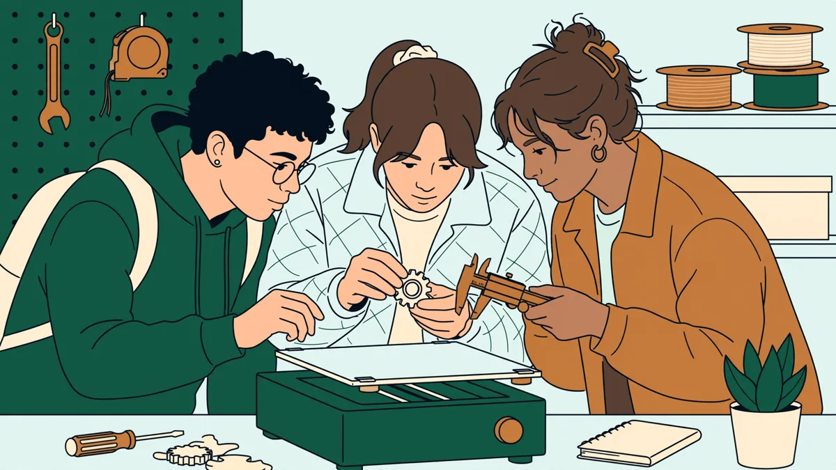 Trois étudiants autour d'une imprimante 3D d'atelier, en train de sortir une pièce fraîchement imprimée du plateau pendant qu'une camarade tient un pied à coulisse.