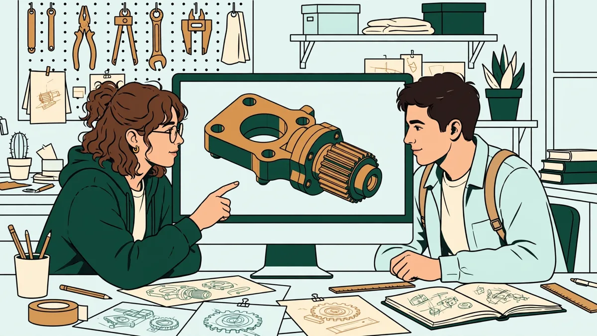 Deux étudiants devant un grand écran d'atelier universitaire, en train de faire pivoter le modèle 3D d'une petite pièce mécanique, l'un pointant un détail du doigt.