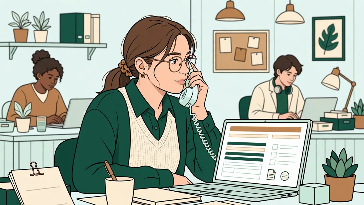 Une apprentie au standard d'une petite entreprise qui répond au téléphone tout en préparant une facture sur son ordinateur