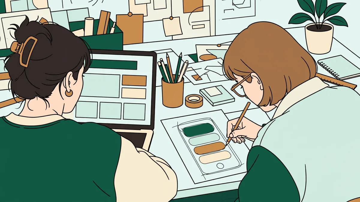 Deux étudiants en design web autour d'une table d'atelier, l'un sur un ordinateur portable, l'autre avec des croquis d'interface, écrans et maquettes posés devant eux