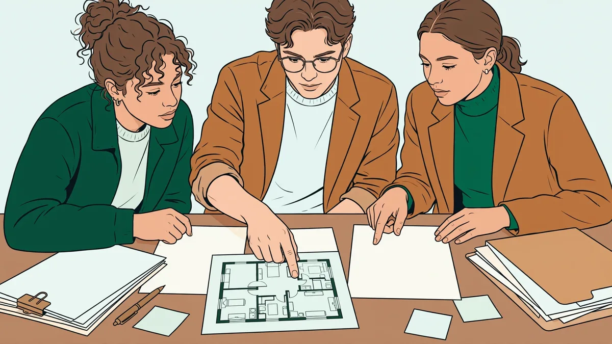 Trois étudiants en droit autour d'une table qui analysent ensemble un dossier immobilier avec plans et contrats.