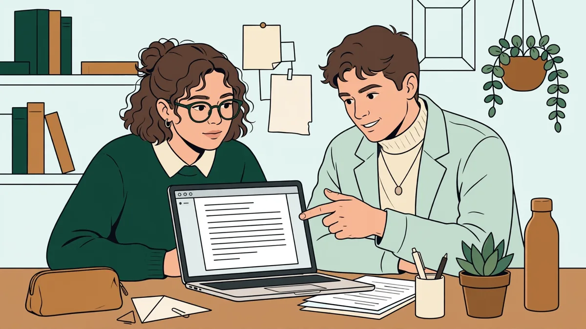 Deux étudiants en droit qui rédigent et corrigent ensemble une clause de bail sur un ordinateur portable.