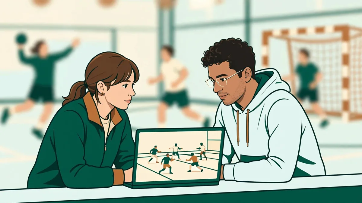 Deux apprentis entraîneurs qui revoient ensemble une action de match sur un ordinateur portable au bord d'un terrain de handball.