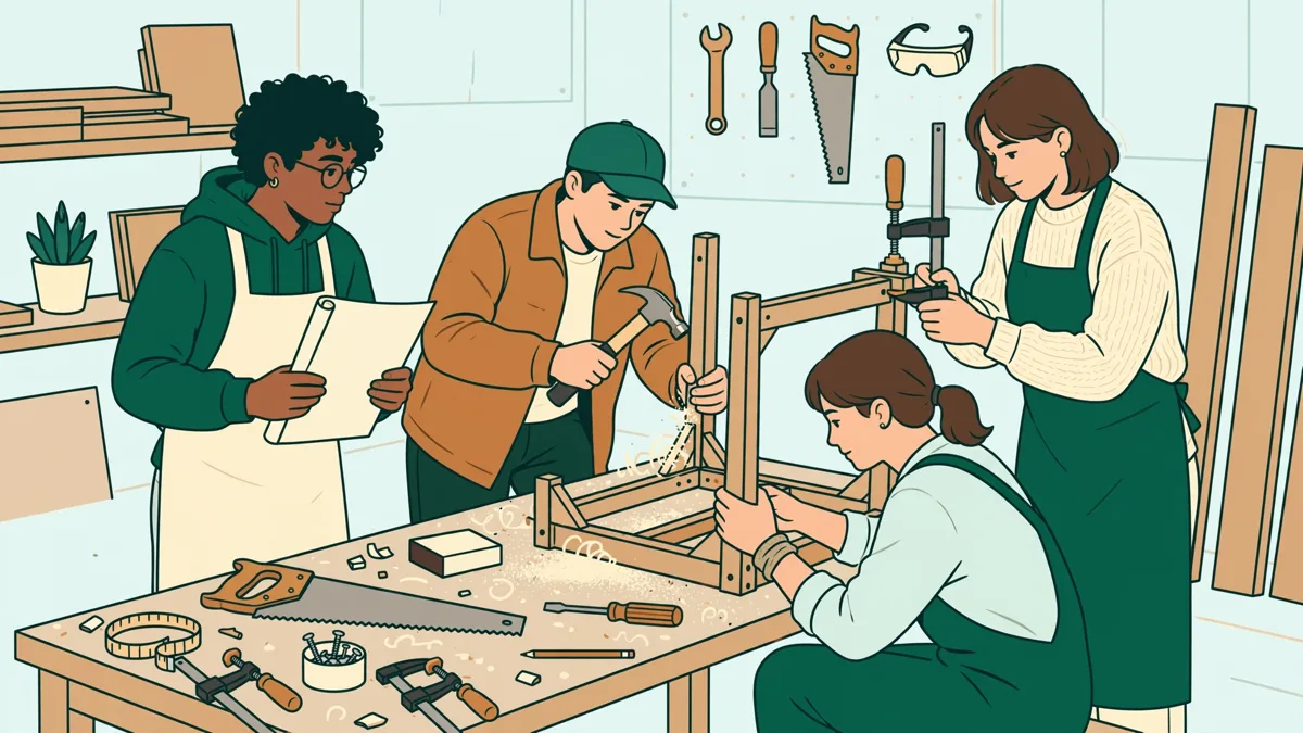 Quatre élèves dans un atelier bois lumineux autour d'un meuble en cours de montage, l'un tenant un plan papier.