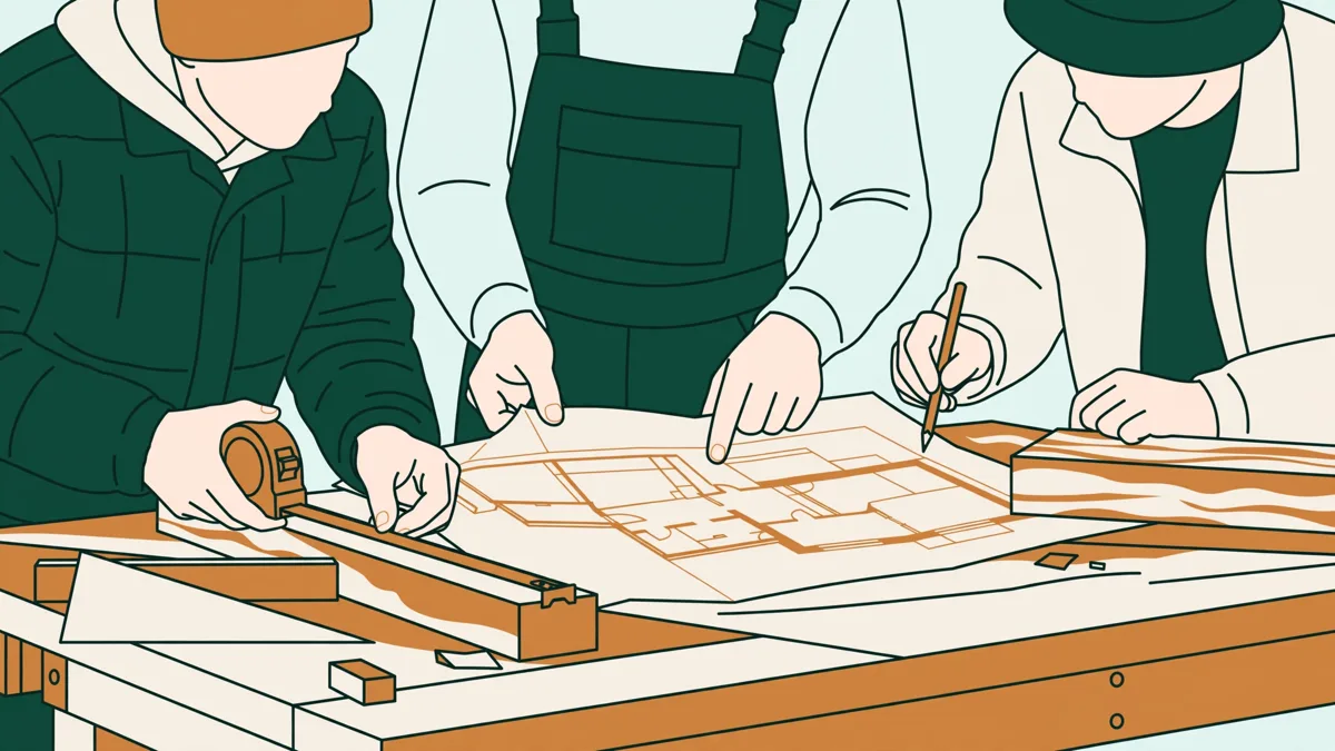 Trois élèves autour d'un établi qui mesurent une poutre en bois au mètre ruban et comparent avec de grands plans papier.