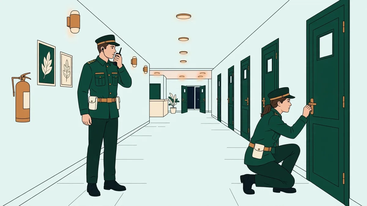 Deux apprentis agents en patrouille de nuit dans un couloir d'hôpital calme, l'un avec une radio, l'autre qui vérifie une porte