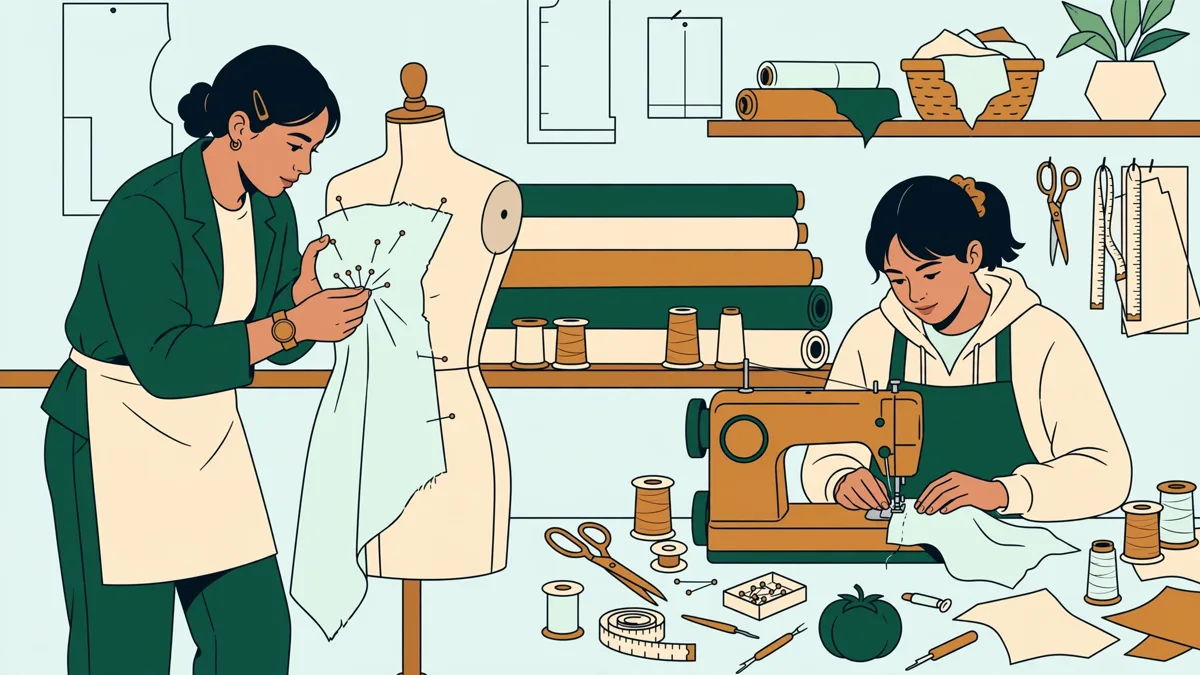 Deux élèves en atelier couture autour d’une table de coupe, l’une épingle un bustier sur un mannequin, l’autre coud à la machine