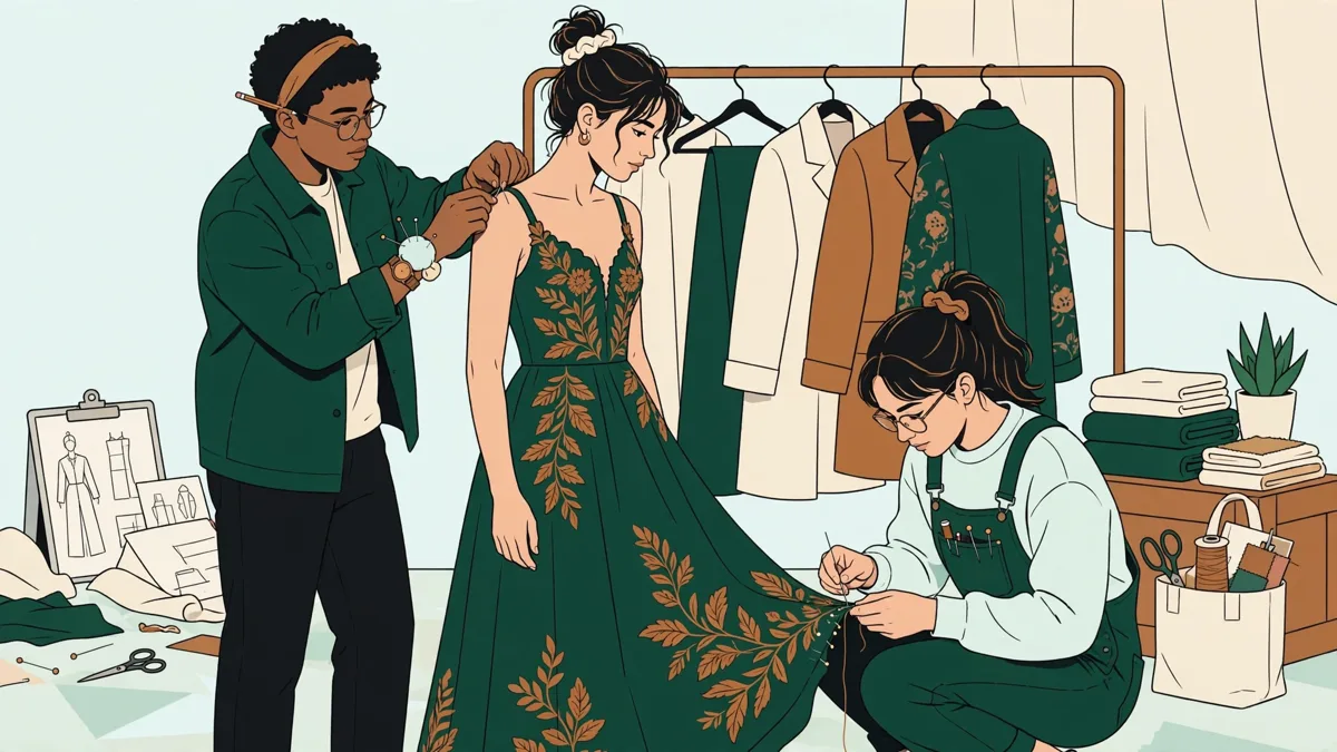 Trois élèves en coulisses d’un défilé, l’une ajuste une robe brodée sur une camarade pendant qu’un élève vérifie les retouches