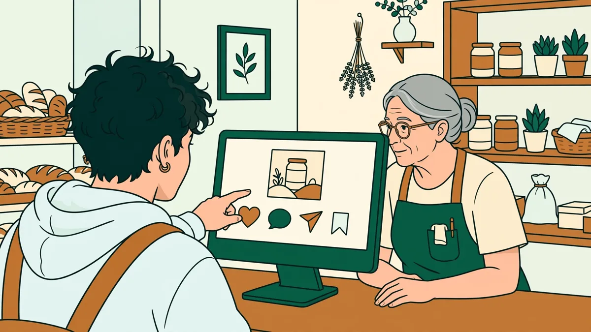 Une stagiaire qui montre sur un écran d'ordinateur une nouvelle publication pour les réseaux à une commerçante dans une petite boutique.