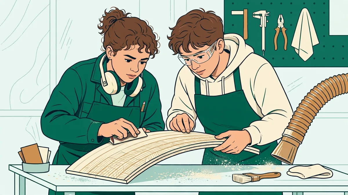 Deux jeunes en atelier ponçant et inspectant une pièce composite courbe posée sur un établi, avec un tuyau d'aspiration à proximité.