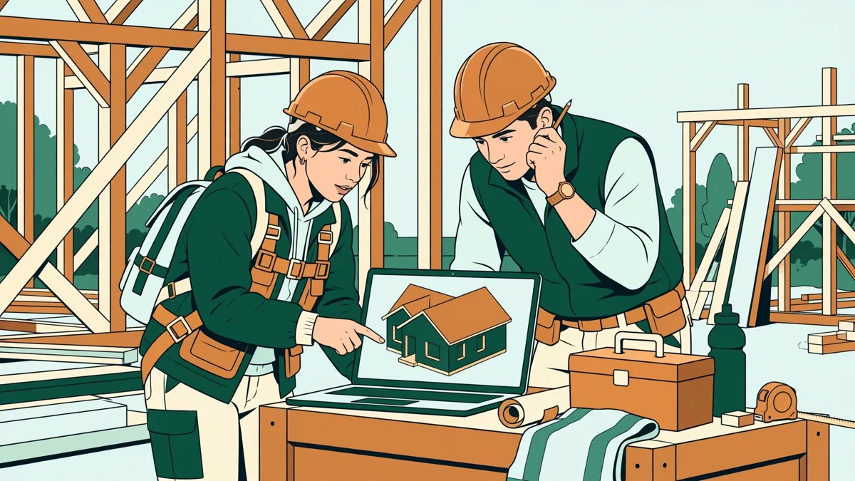 Deux élèves du BTP regardent ensemble une maquette 3D de bâtiment sur un ordinateur portable sur un chantier à ossature bois.