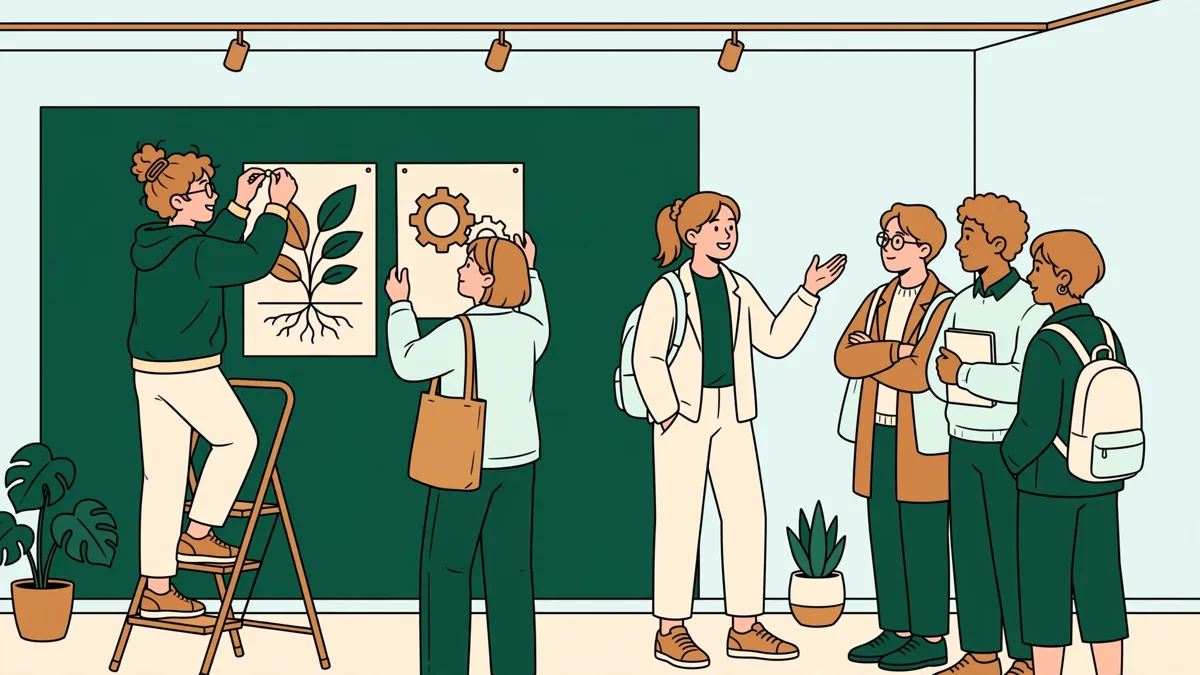 Deux étudiantes en train d'accrocher des panneaux illustrés sur un mur d'exposition pendant qu'un camarade présente le projet à des visiteurs.