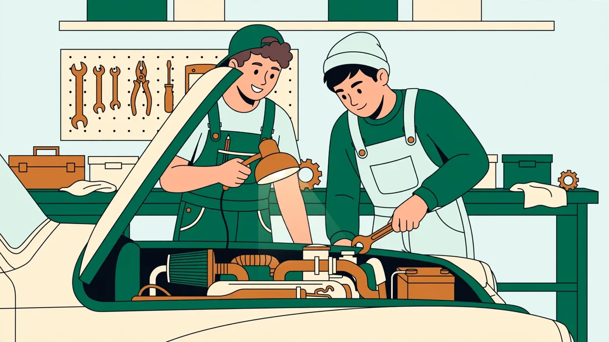 Deux élèves en tenue d'atelier penchés sur le moteur ouvert d'une voiture ancienne dans un atelier de lycée, l'un tient une lampe pendant que l'autre règle un élément du moteur.