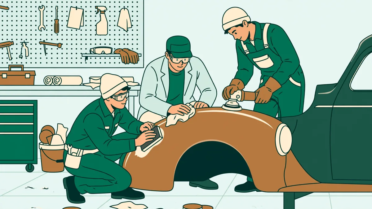 Trois élèves en atelier en train de poncer et polir l'aile d'une voiture de collection, copeaux et chiffons autour, sous une lumière d'atelier.
