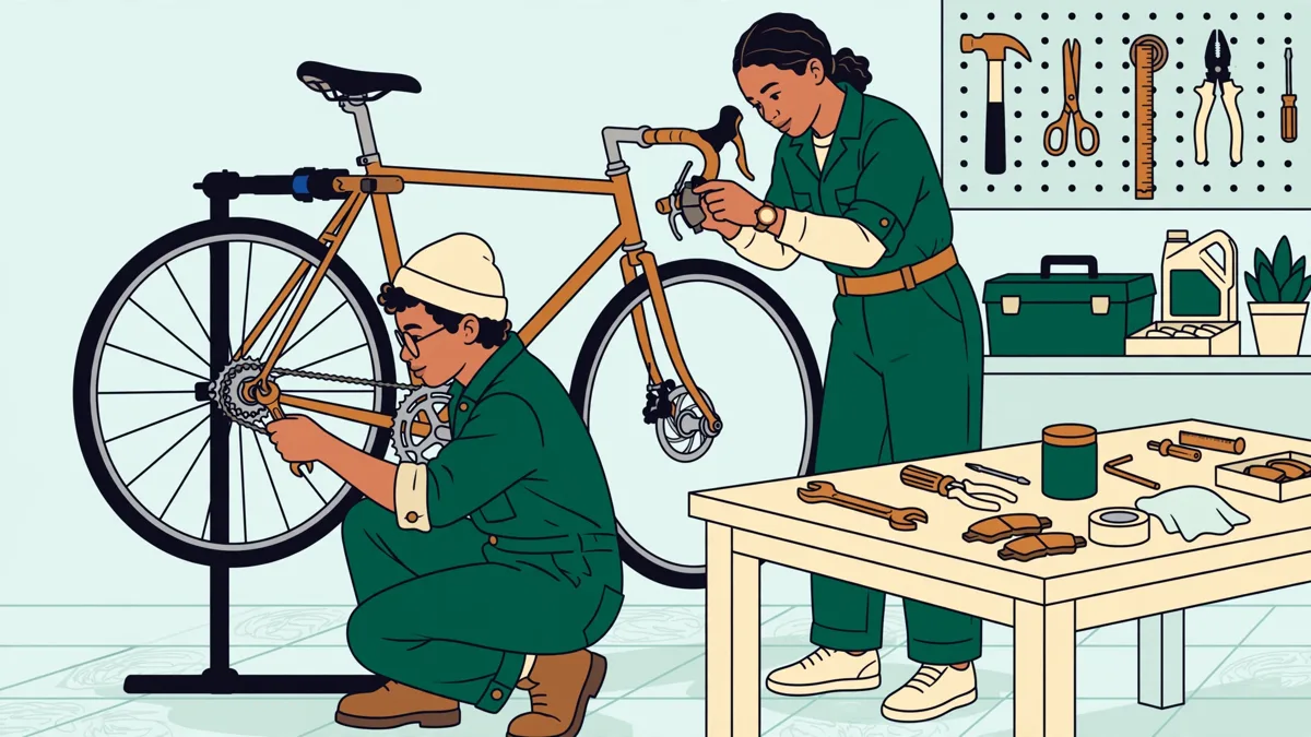 Deux élèves en atelier vélo qui reconditionnent un vélo, l’un règle la roue arrière pendant que l’autre contrôle les freins.