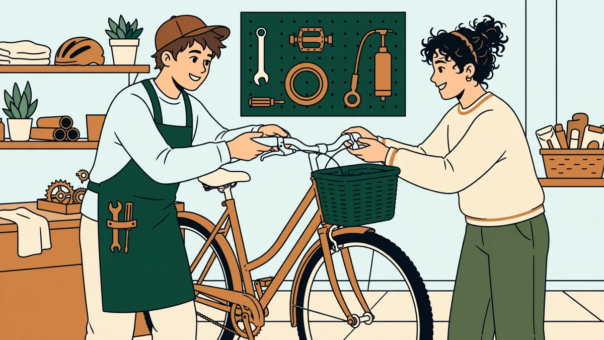 Un jeune technicien qui remet un vélo reconditionné à un client dans une boutique de vélos et lui montre les réglages.