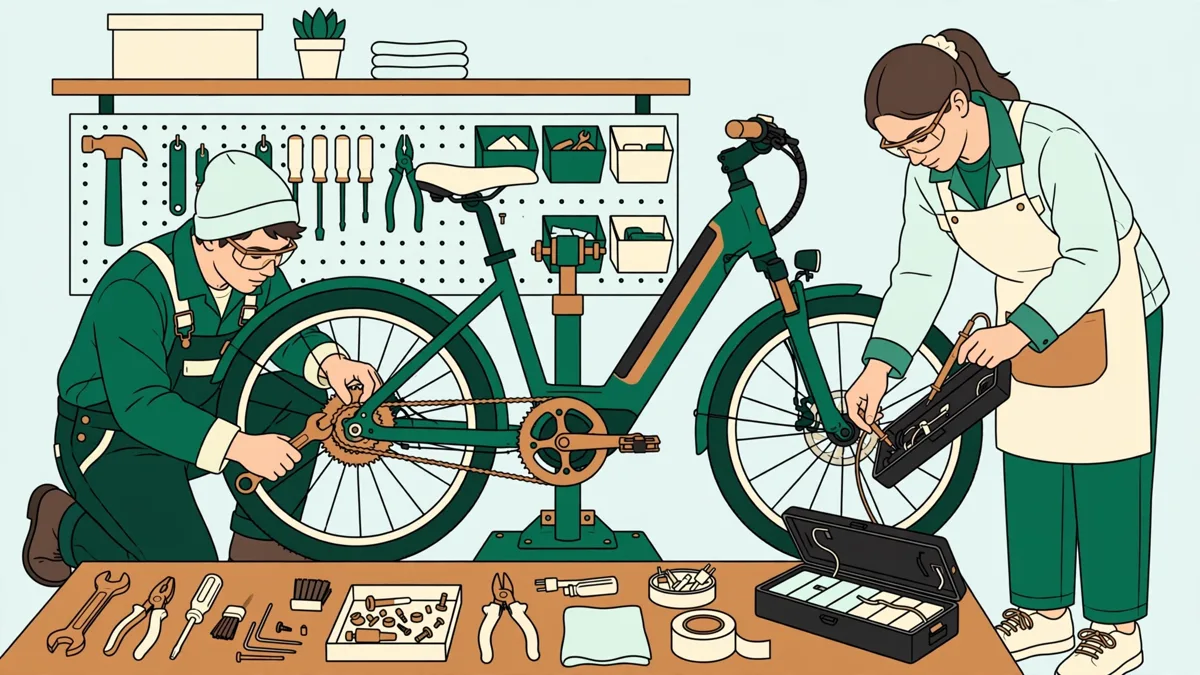 Deux élèves en atelier autour d'un vélo électrique sur pied de réparation, l'un règle la roue arrière pendant que l'autre contrôle la batterie
