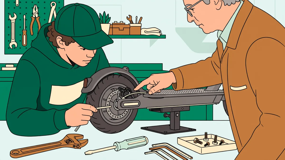 Une apprentie qui contrôle une trottinette électrique sur un support d'atelier pendant qu'un formateur lui montre le moteur