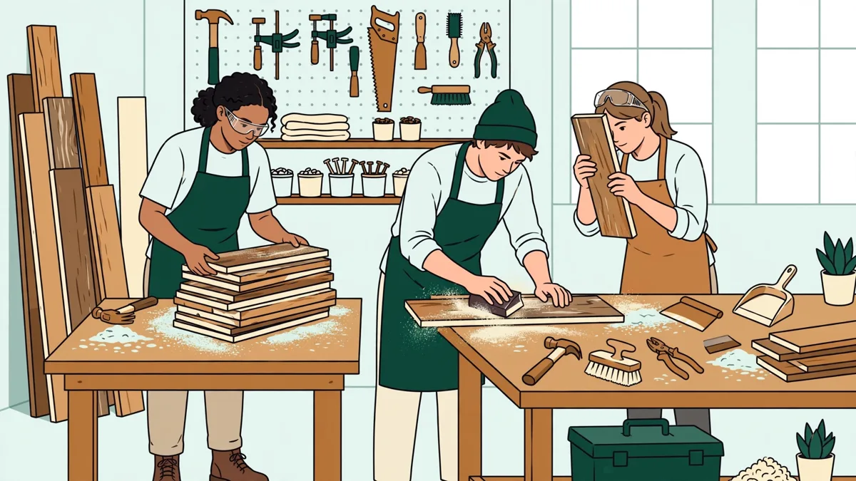 Trois élèves trient et poncent des planches de réemploi dans un atelier bois lumineux.