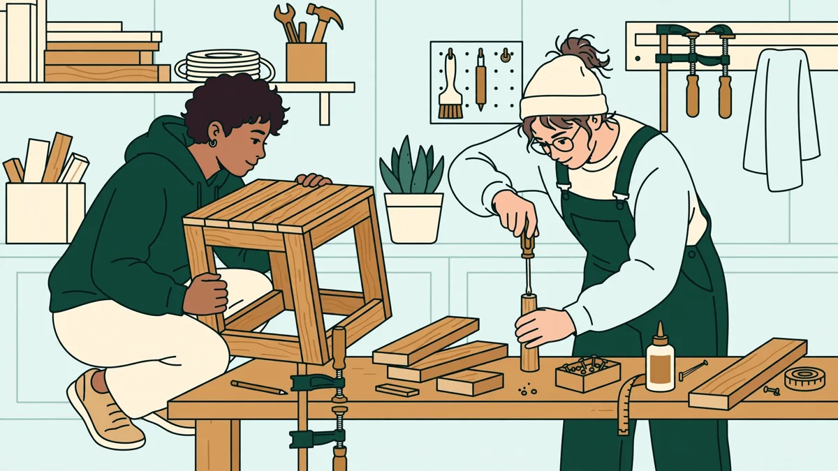 Deux élèves assemblent un petit meuble fabriqué avec du bois de récupération en atelier.