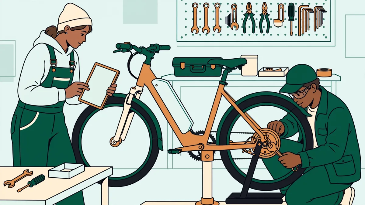 Deux élèves en atelier autour d'un vélo électrique posé sur un pied, l'un contrôle la roue arrière et le moteur, l'autre tient une tablette de diagnostic