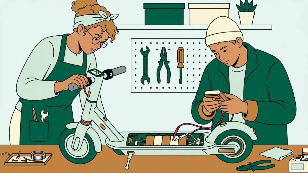 Une élève en combinaison d'atelier teste une trottinette électrique sur un établi pendant qu'un autre élève vérifie la batterie avec un multimètre
