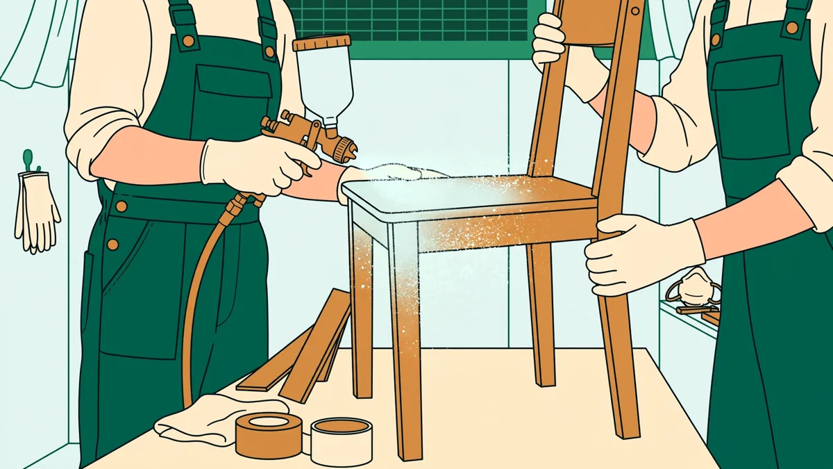 Deux élèves en combinaison appliquant du vernis au pistolet sur une chaise en bois dans une cabine d'atelier