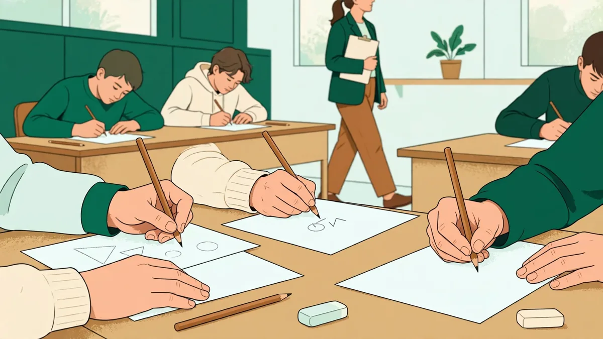 Élèves en entraînement d'épreuve écrite chronométrée autour de tables