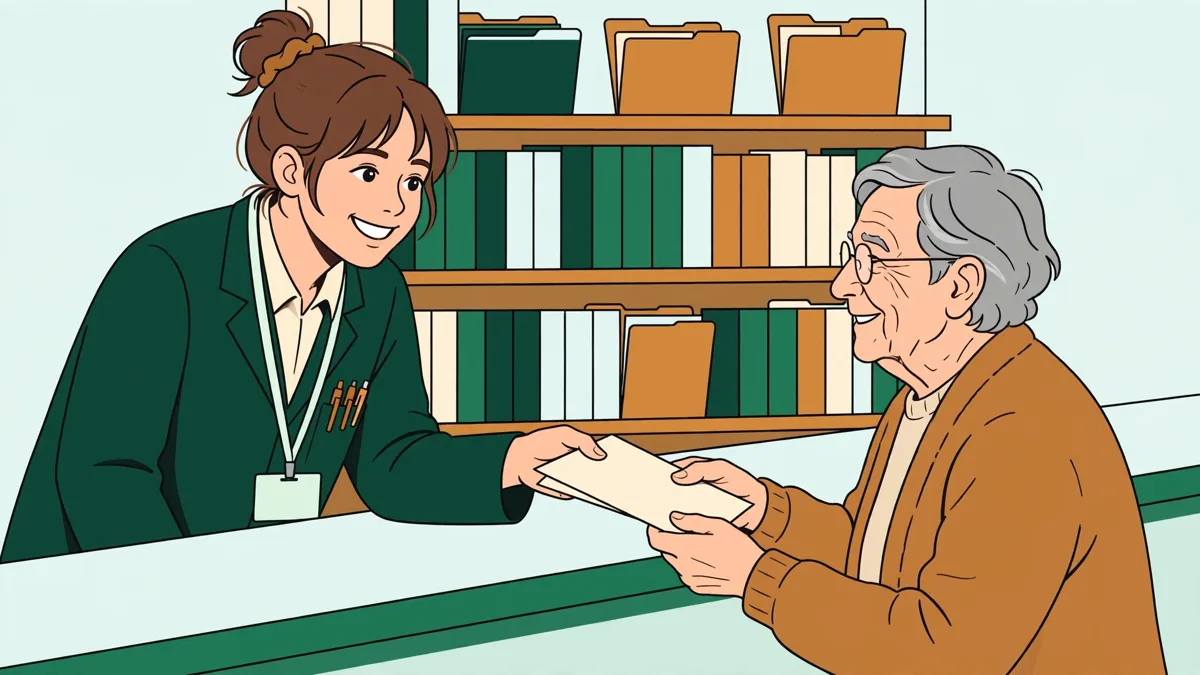 Une stagiaire en action à l'accueil d'un laboratoire d'analyses, souriante, qui remet un document à une patiente âgée au comptoir.