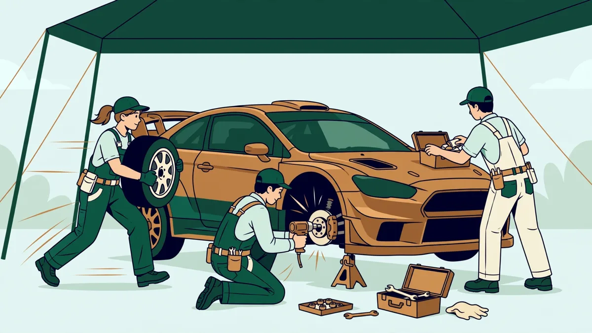 Trois jeunes mécaniciens en combinaison qui changent les roues d'une voiture de rallye sous une tente de paddock, dont un à la déboulonneuse.