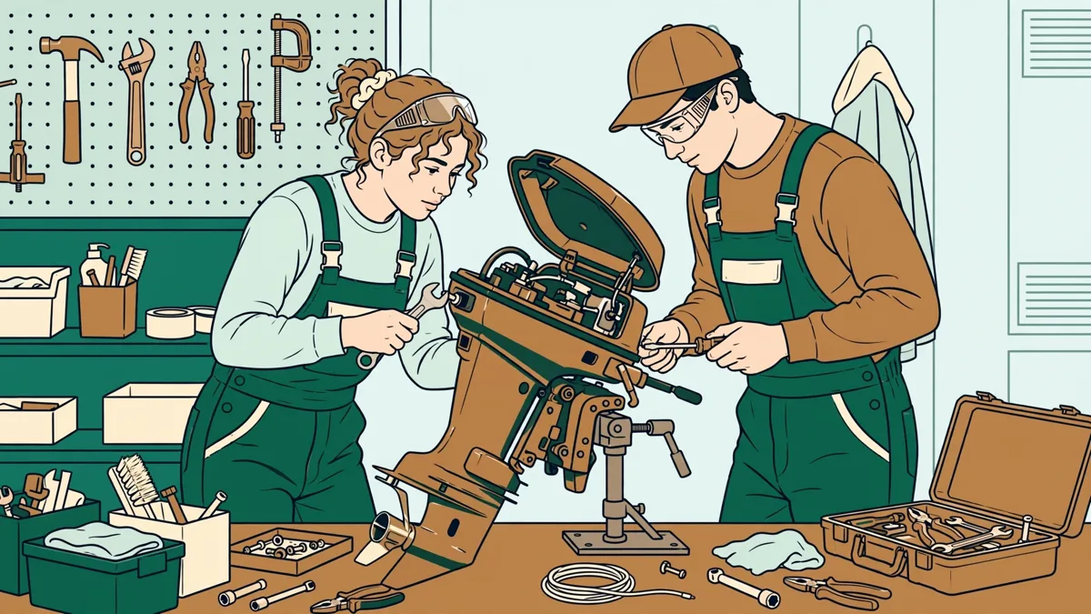 Deux élèves en tenue d'atelier démontent ensemble un moteur hors-bord fixé sur un bâti, outils et bac de pièces à côté.