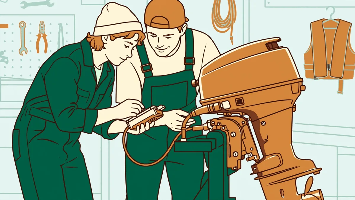 Deux élèves en combinaison autour d'un moteur hors-bord posé sur un tréteau d'atelier, l'un branchant un outil de diagnostic.