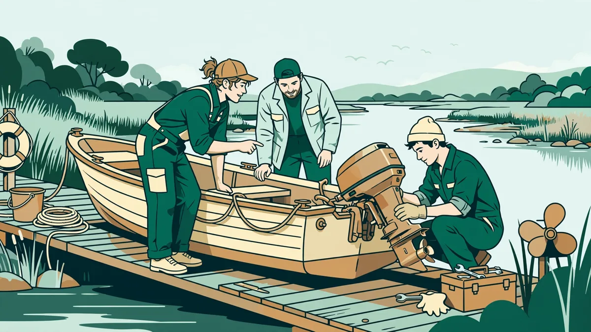 Trois jeunes mécaniciens au bord d'une cale qui contrôlent un petit bateau à moteur avant un essai sur l'eau.