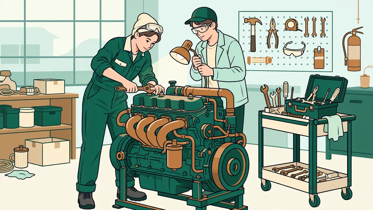 Deux élèves penchés sur un gros moteur diesel marin posé sur un bâti d'atelier, l'un serre un élément à la clé pendant que l'autre tient une lampe.